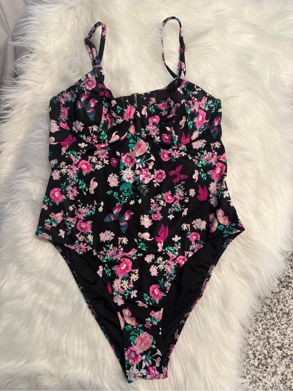 Victoria's Secret Floral One-Piece Swimsuit in Black, Pink & Green